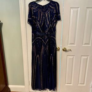 R&M Richards Short Sleeve Crew Neck Godet Skirt Beaded Sequin Mesh Gown